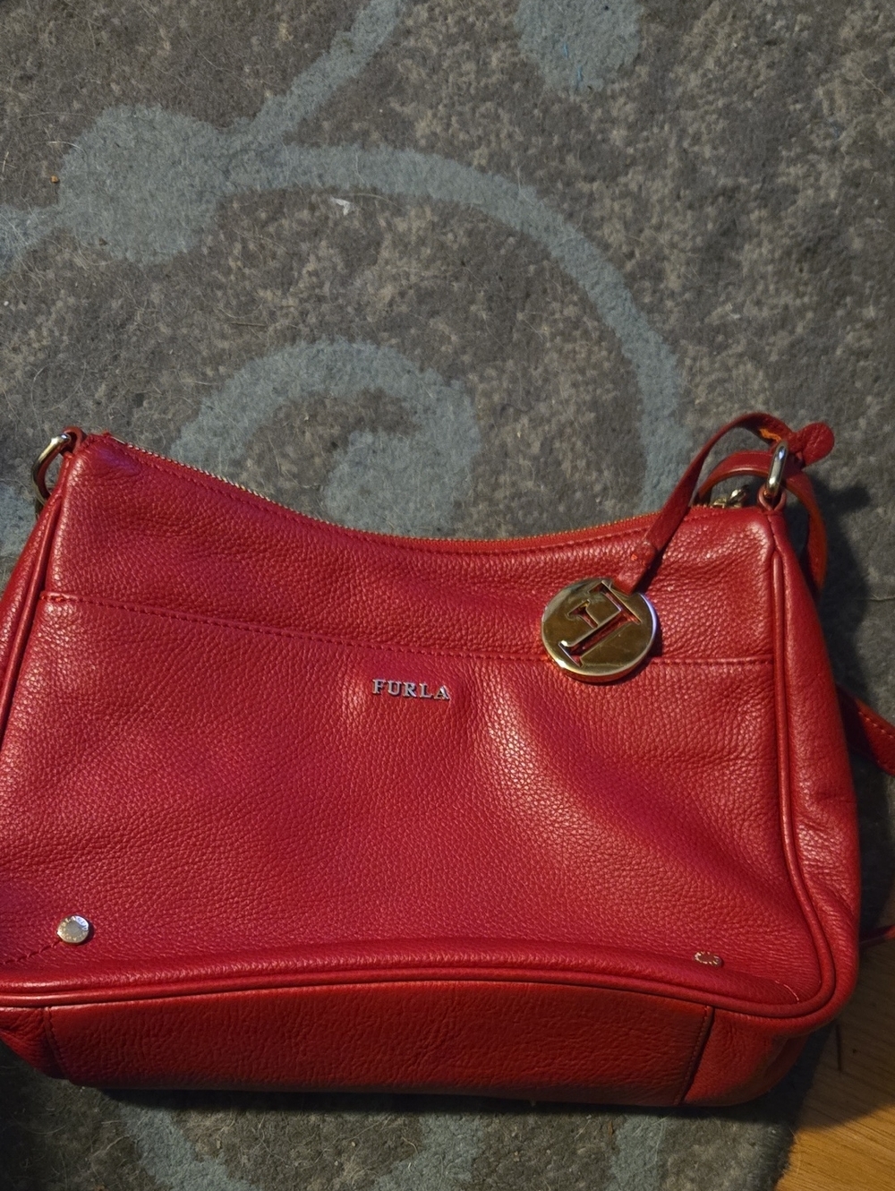 Furla Red Pebbled Leather Shoulder Bag with Gold Accent